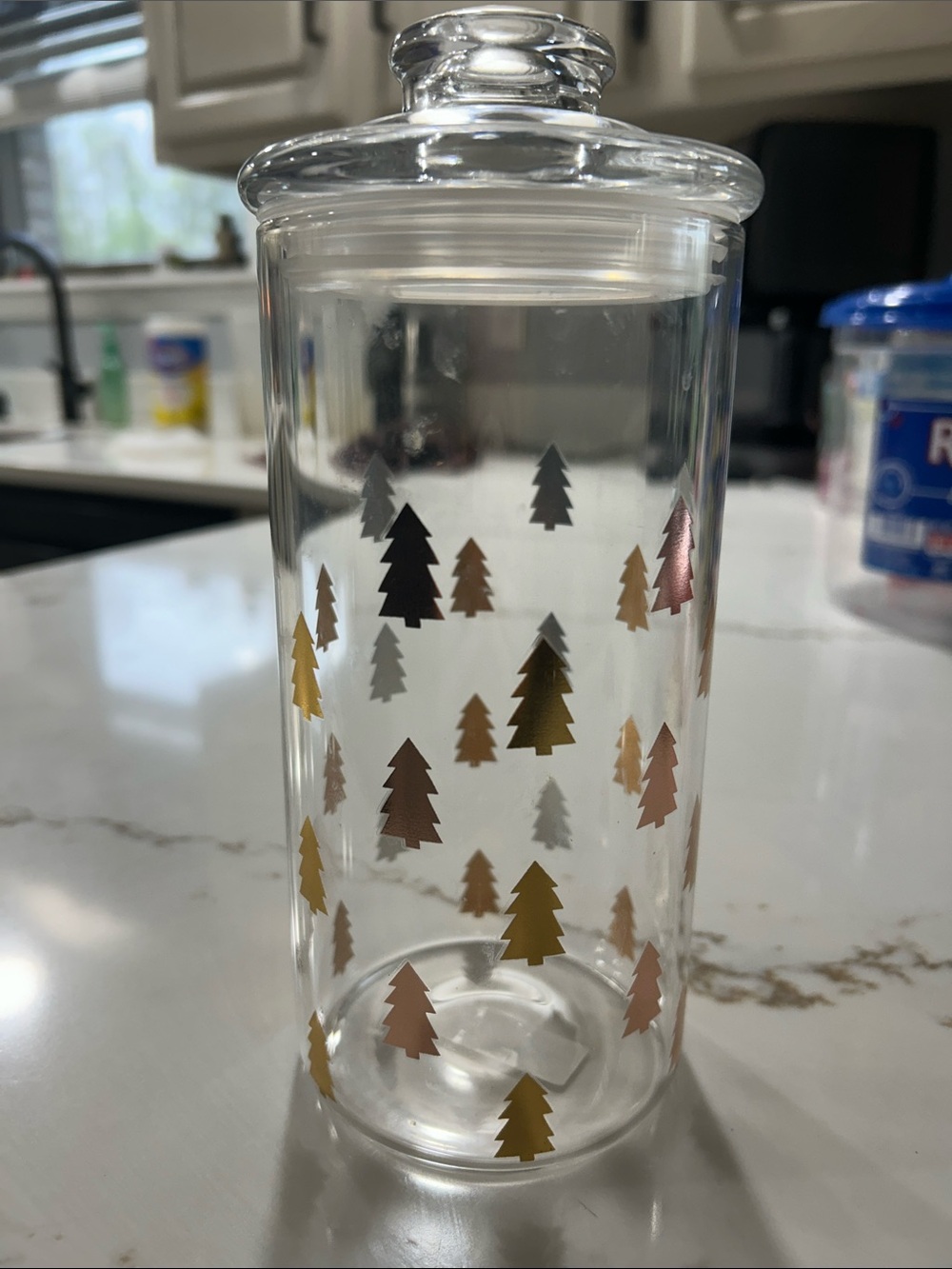 Clear Glass Canister with Metallic Tree Accents